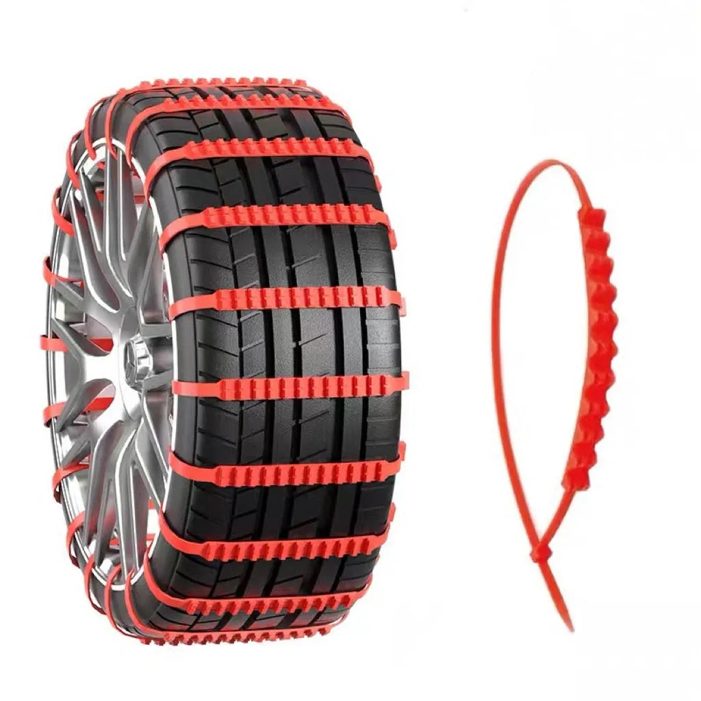 Emergency plastic double-tooth nonskid chain ribbon for universal car tyre grip, shown flat