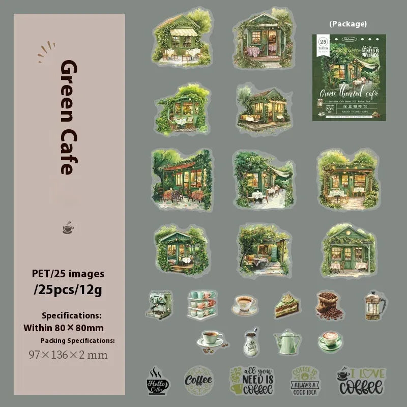 Cafe series retro hand account sticker package with Mori Night Cafe, Green Cafe, and other cafe styles in 25 or 75 sticker packs