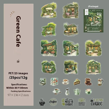 Cafe series retro hand account sticker package with Mori Night Cafe, Green Cafe, and other cafe styles in 25 or 75 sticker packs
