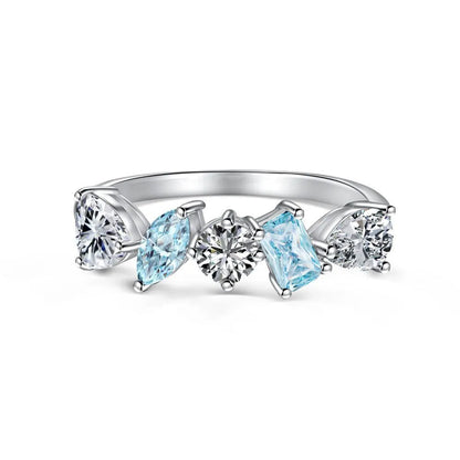 Sterling silver zircon rhinestone ring with adjustable open band in heart, wave, U-shape, drop and geometric designs
