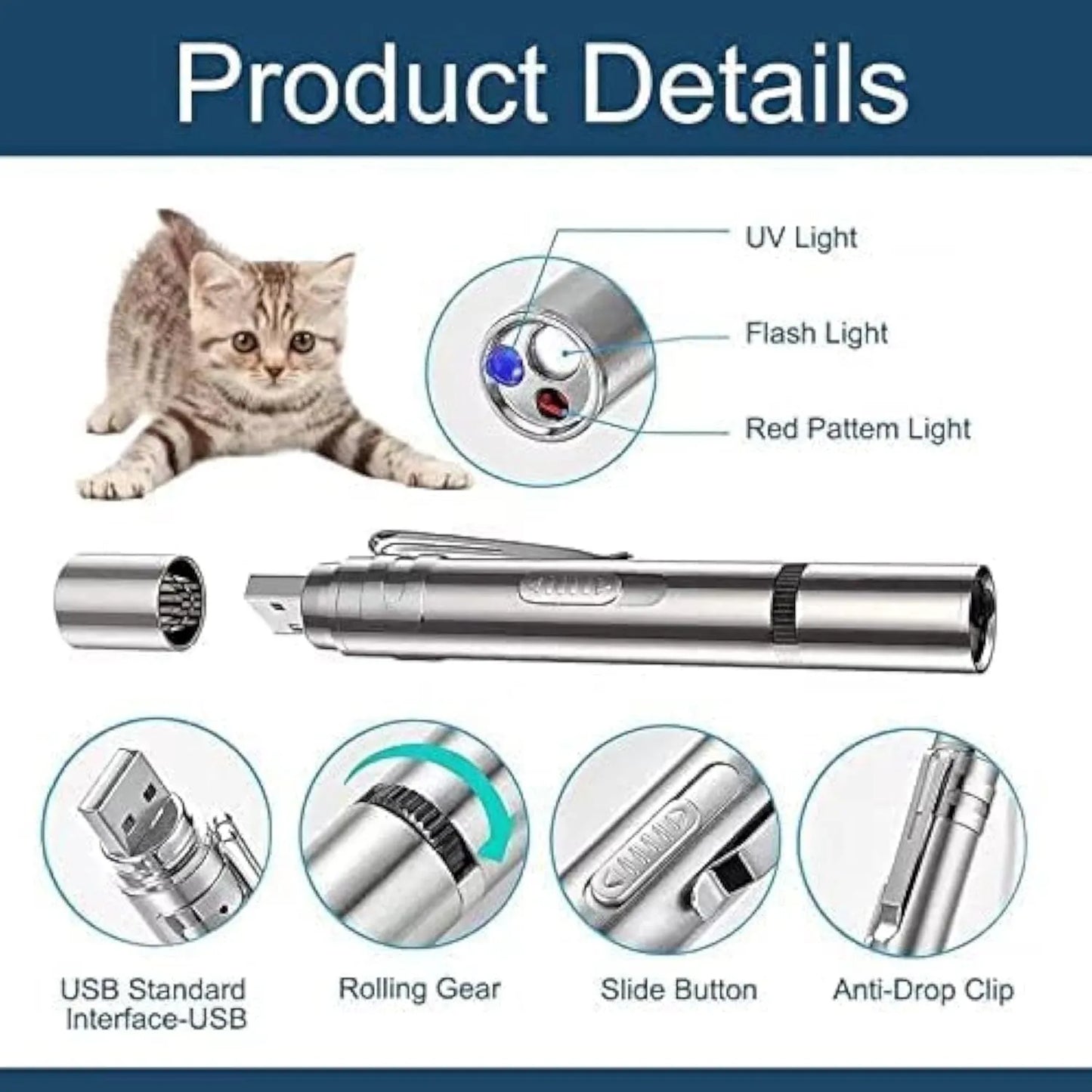 Silver aluminium cat laser toy pointer with metal clip, showing red light projection.