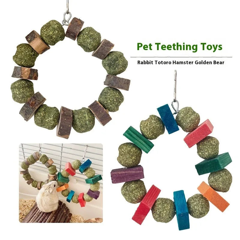 Applewood hamster chewing toy with straw ball ring for small pet dental enrichment