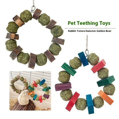 Applewood hamster chewing toy with straw ball ring for small pet dental enrichment