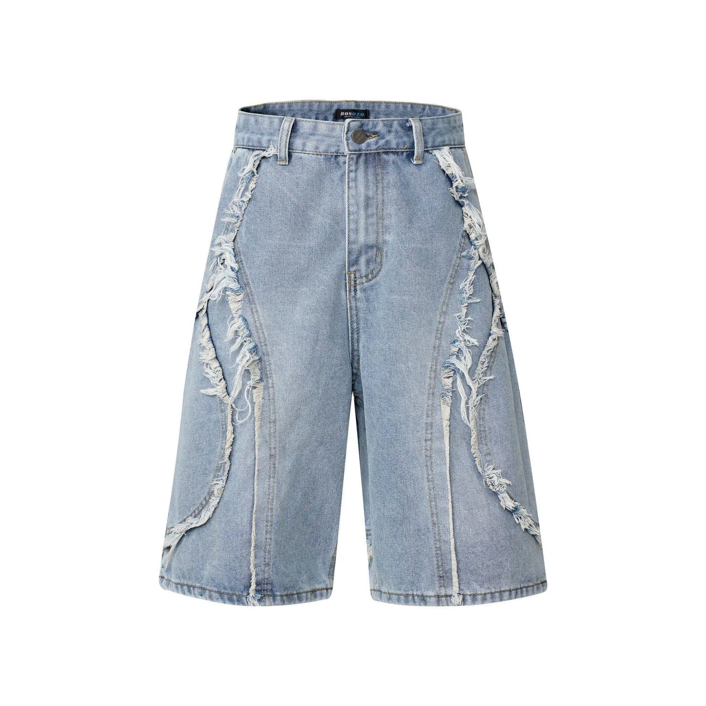 American Pu Shuai black distressed denim shorts with raw edge hem, straight leg, on a plain background.