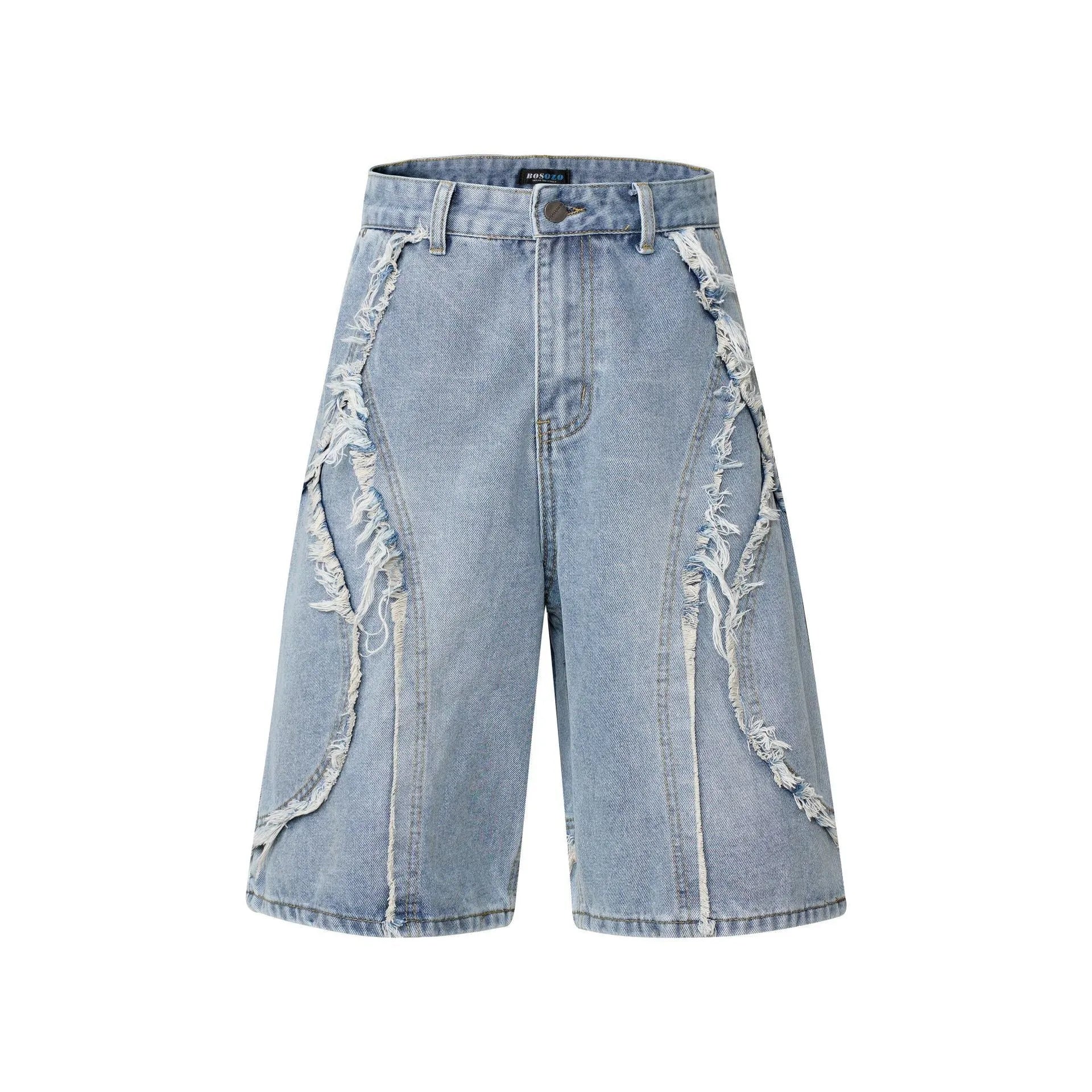 American Pu Shuai black distressed denim shorts with raw edge hem, straight leg, on a plain background.