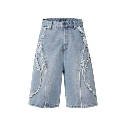 American Pu Shuai black distressed denim shorts with raw edge hem, straight leg, on a plain background.