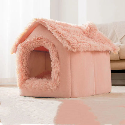 Removable washable plush pet bed house for cats and small dogs, closed yurt shape, available in brown, yellow, grey, blue and pink