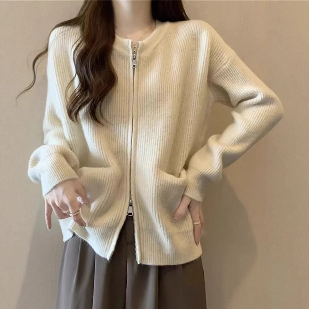 Long-sleeve viscose fibre sweater coat in beige, grey, black, or khaki, showing cardigan style and size options