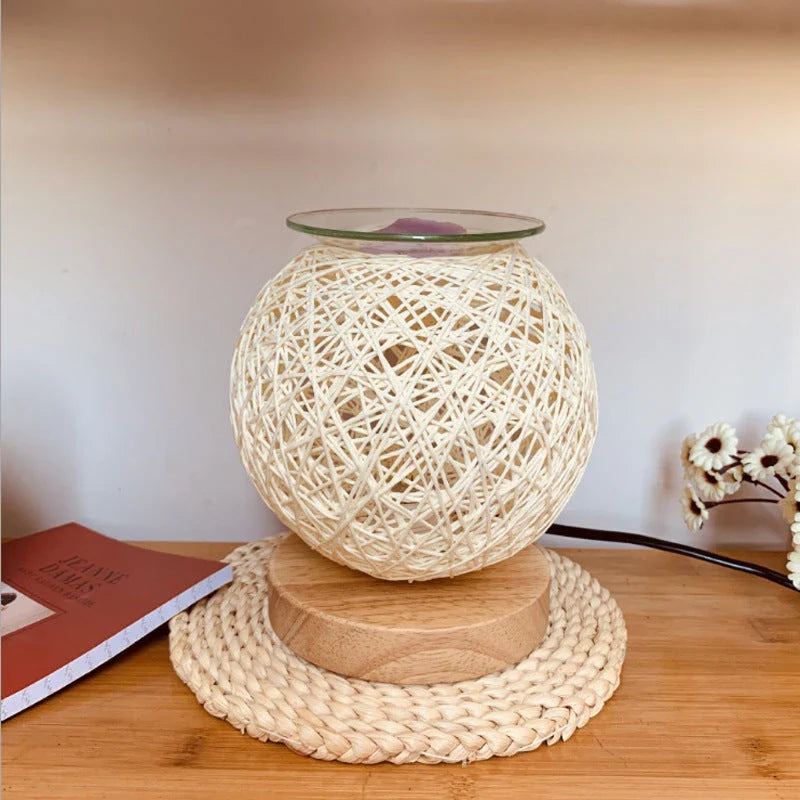 Elegant bamboo wax warmer with dimmable night light, sepak takraw design, and fragrance melter for home decor