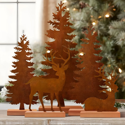 Set of three rusty metal elk-shaped Christmas tree ornaments with a vintage finish.