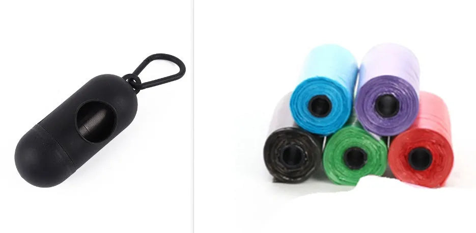 Multi-colour dog waste cleanup bags showing black, blue, green, pink, and red variants in 22.5x30cm size