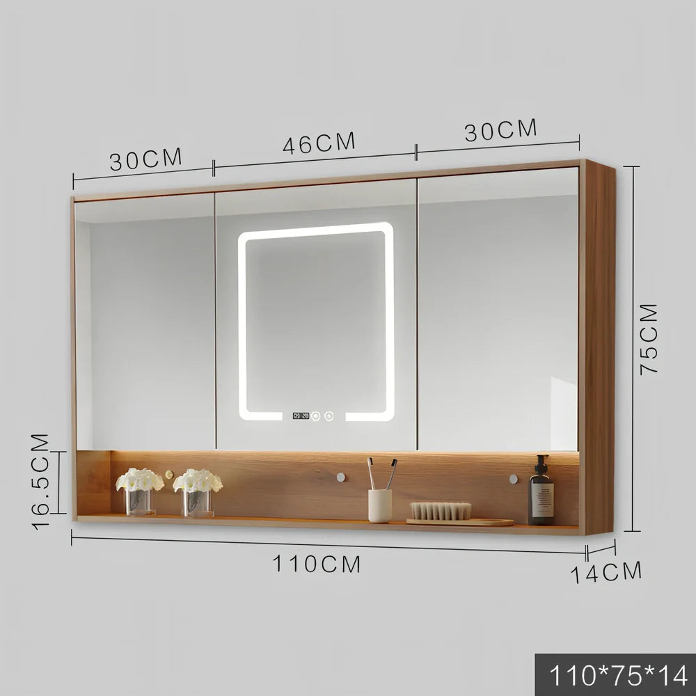 Wall-mounted bathroom mirror cabinet with LED lights and anti-fog technology in solid wood construction