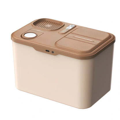 Beige geometric bedside lamp with tissue storage and wireless charging measuring 235×160×150mm