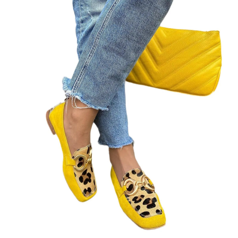 Low Heel Square Toe Suede Casual Women's Shoes in Yellow with Low-Cut Shallow Mouth, Flat Heel and Rubber Sole, Sizes 34 to 43