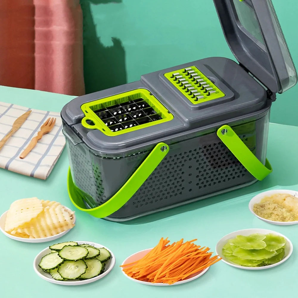 Grey multi-function vegetable cutter with stainless steel blades and foldable compartment design measuring 26cm