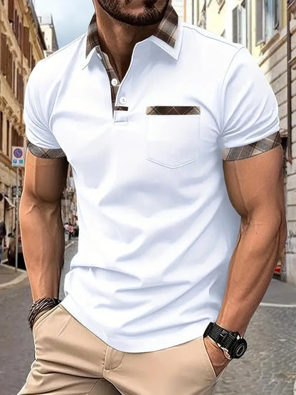 Men's short sleeve plaid colourblock t-shirt with zipper decoration in various colours and sizes