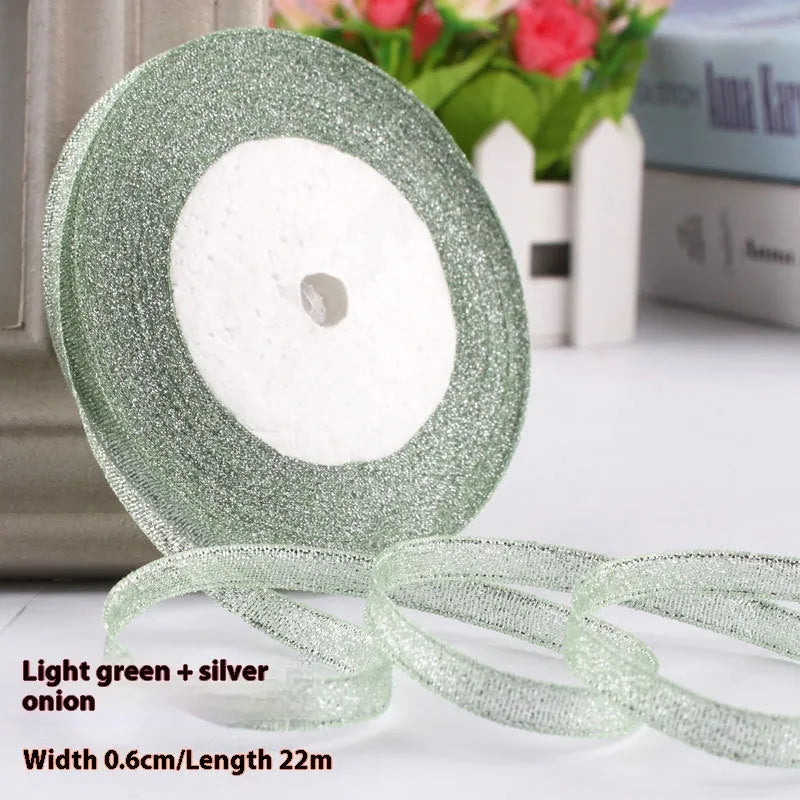 Polyester gift packaging bow ribbon showing 0.6cm width and colour options including gold leaf and metallic variations