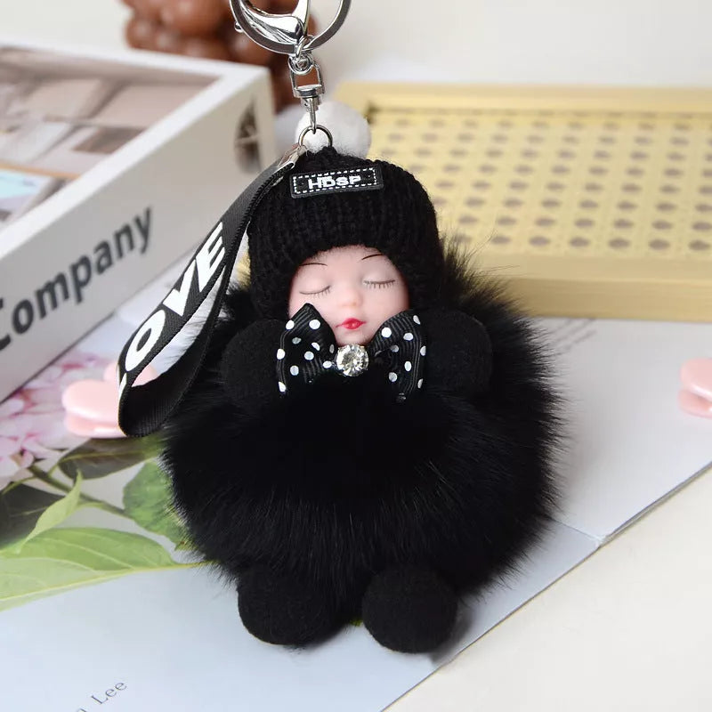 Hand-woven fox fur sleeping doll keychain pendant with optional bow