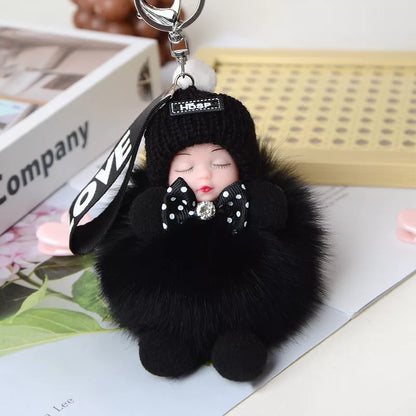 Hand-woven fox fur sleeping doll keychain pendant with optional bow