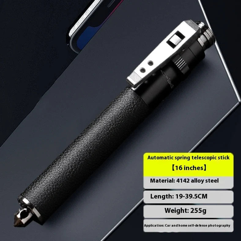 Automatic spring expandable baton in titanium black with aluminium alloy construction showing three length options