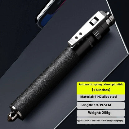 Automatic spring expandable baton in titanium black with aluminium alloy construction showing three length options