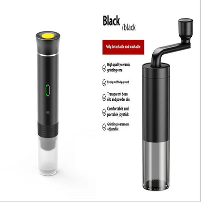 Portable 3-in-1 espresso machine in black showing ground coffee and capsule compartments with USB cable
