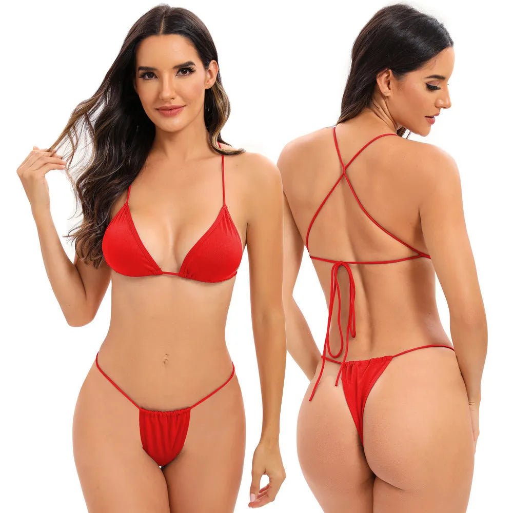 Women's candy coloured cross strap split swimsuit with multiple adjustable straps