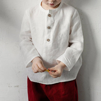 Boy's half-open collar linen shirt in green colour with long sleeves