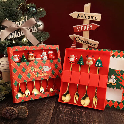 Red stainless steel Christmas spoons and forks with decorative snowman and Christmas tree handles