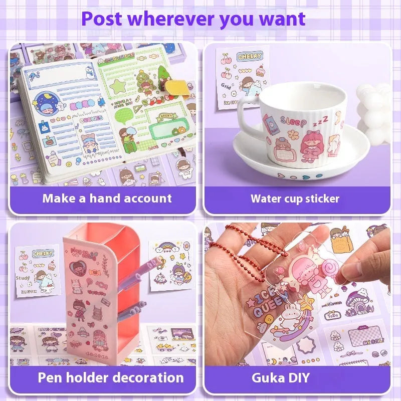 Sticker goo card notebook, a children's sticker book with colouring pages for crafting and journaling, featuring five designs: Meatball cute everyday, peach tea party, Star team, Nini sweet diary, and Nini happy everyday.