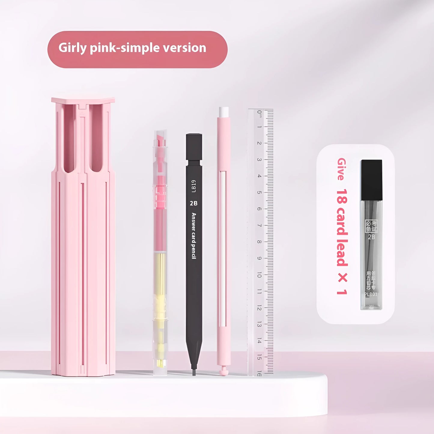 Pressing pen and plastic pencil box organiser set in sky blue, white, or pink colour options.