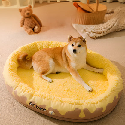 Grey detachable dog cat bed with thick velvet lining shown in S M L XL sizes