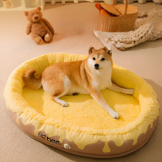 Grey detachable dog cat bed with thick velvet lining shown in S M L XL sizes