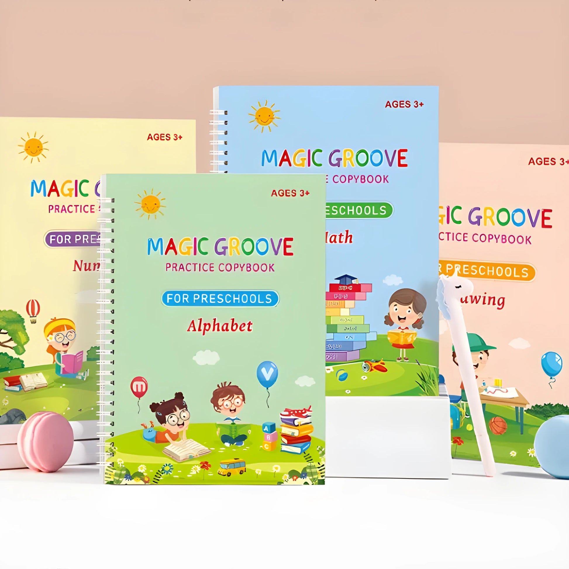 Children's English groove magic calligraphy practice set with pen, ten refills, and double-sided training surface