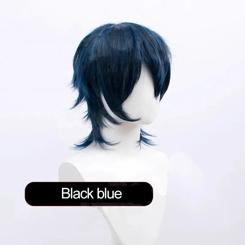 Short black anime-style cosplay wig for men with a lengthened hair tail, made from synthetic fibre.