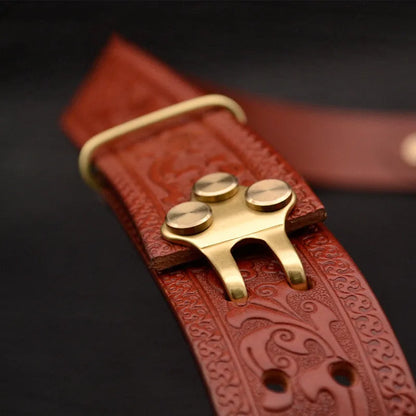 Men's leather belt with woven pattern and embossed buckle head, available in reddish brown and yellow brown