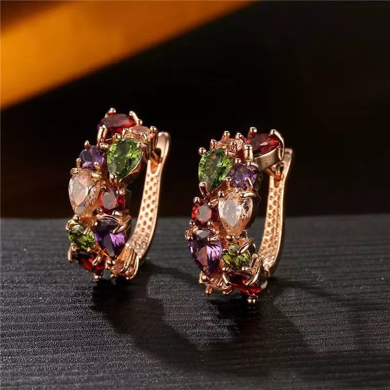 Colorful diamond crystal zircon ear clips for women, drop-shaped design with electroplated finish.