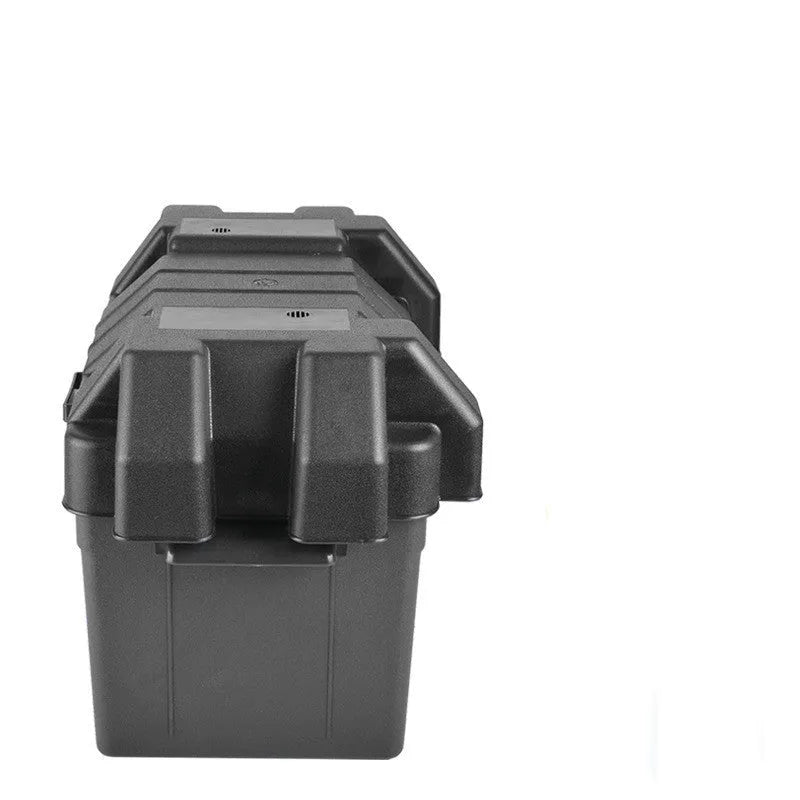 Black PP plastic battery storage box with strap and screw fixing in large and small sizes.