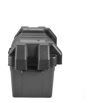 Black PP plastic battery storage box with strap and screw fixing in large and small sizes.