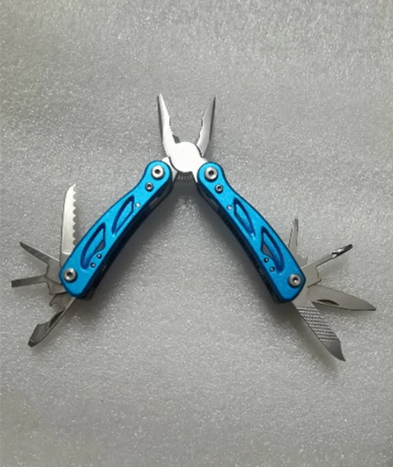 Blue folding multi-function pliers with fruit knife showing compact 7cm folded size