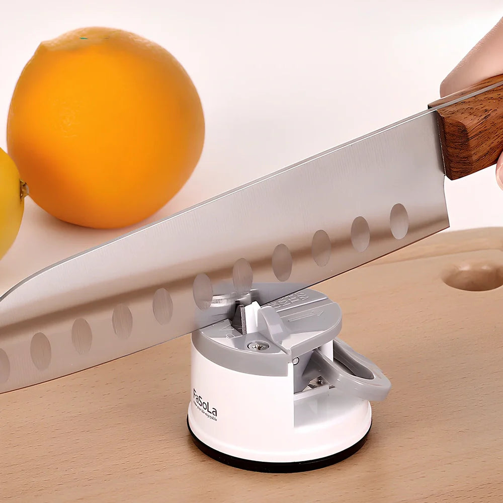 Fixed angle whetstone bar sharpener with tungsten steel slots and arrow indicators on mustard green ABS housing