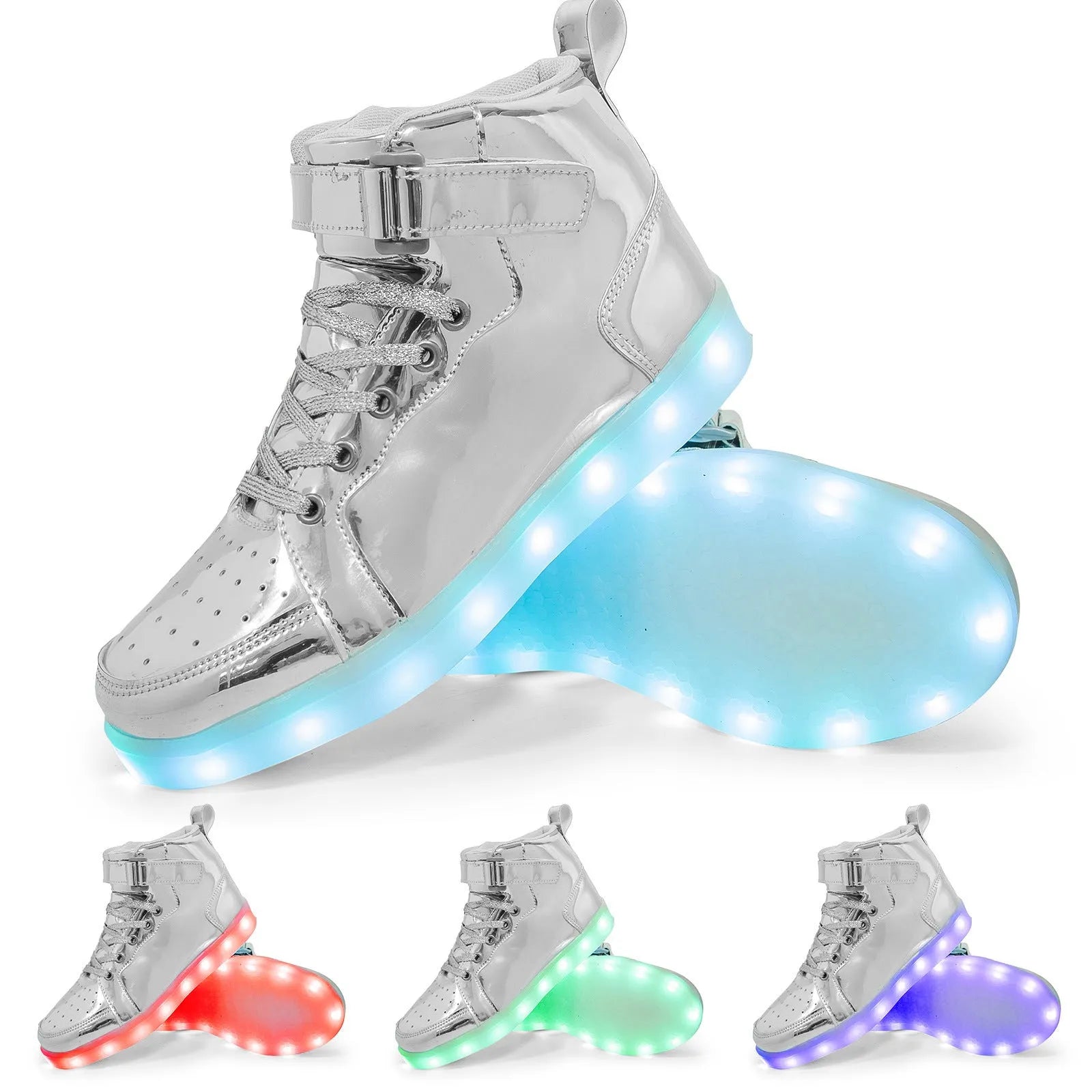 LED light-up high-top sneakers with Velcro strap in multiple colours on a dark background.