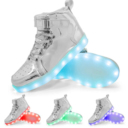 LED light-up high-top sneakers with Velcro strap in multiple colours on a dark background.