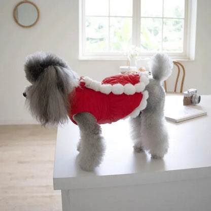 Red Chinese-style dog jacket with a white faux fur collar on a pet mannequin