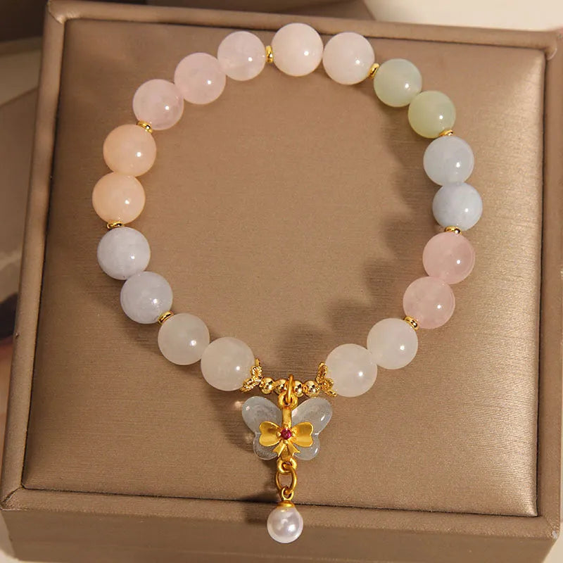 Women's crystal bracelet with colourful Morganite butterfly pendant on adjustable chain