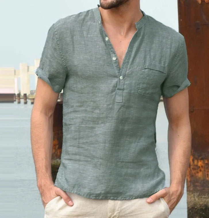 Men's casual linen V-neck short sleeve shirt in various colors for summer