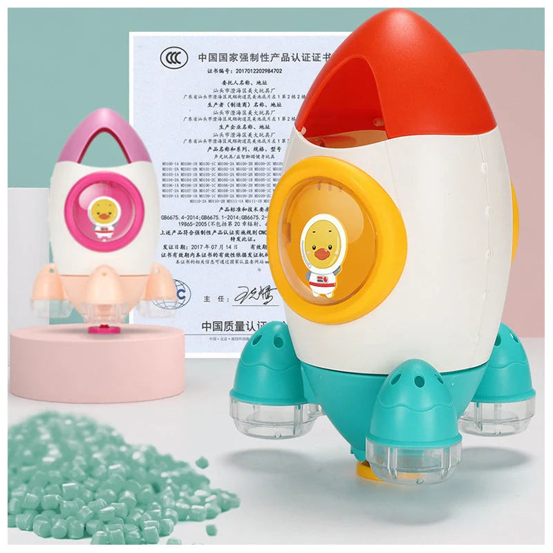 Dinosaur-shaped baby bath toy with dual water spray modes in vibrant colors