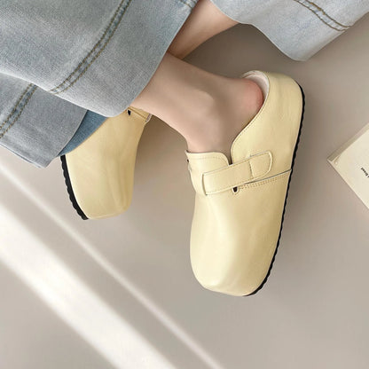 Flat buckle casual sneakers in beige, black, silver, and yellow colours, showing round toe and PU upper.