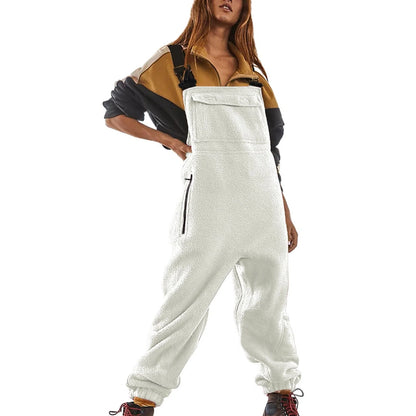 Premium polar fleece jumpsuit in various colors, featuring adjustable suspenders and a wide waistband for a customized fit.