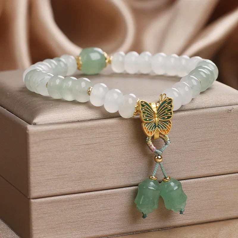 Green Tian Shan Cui jade abacus beads bracelet with retro butterfly tassel and crystal decoration